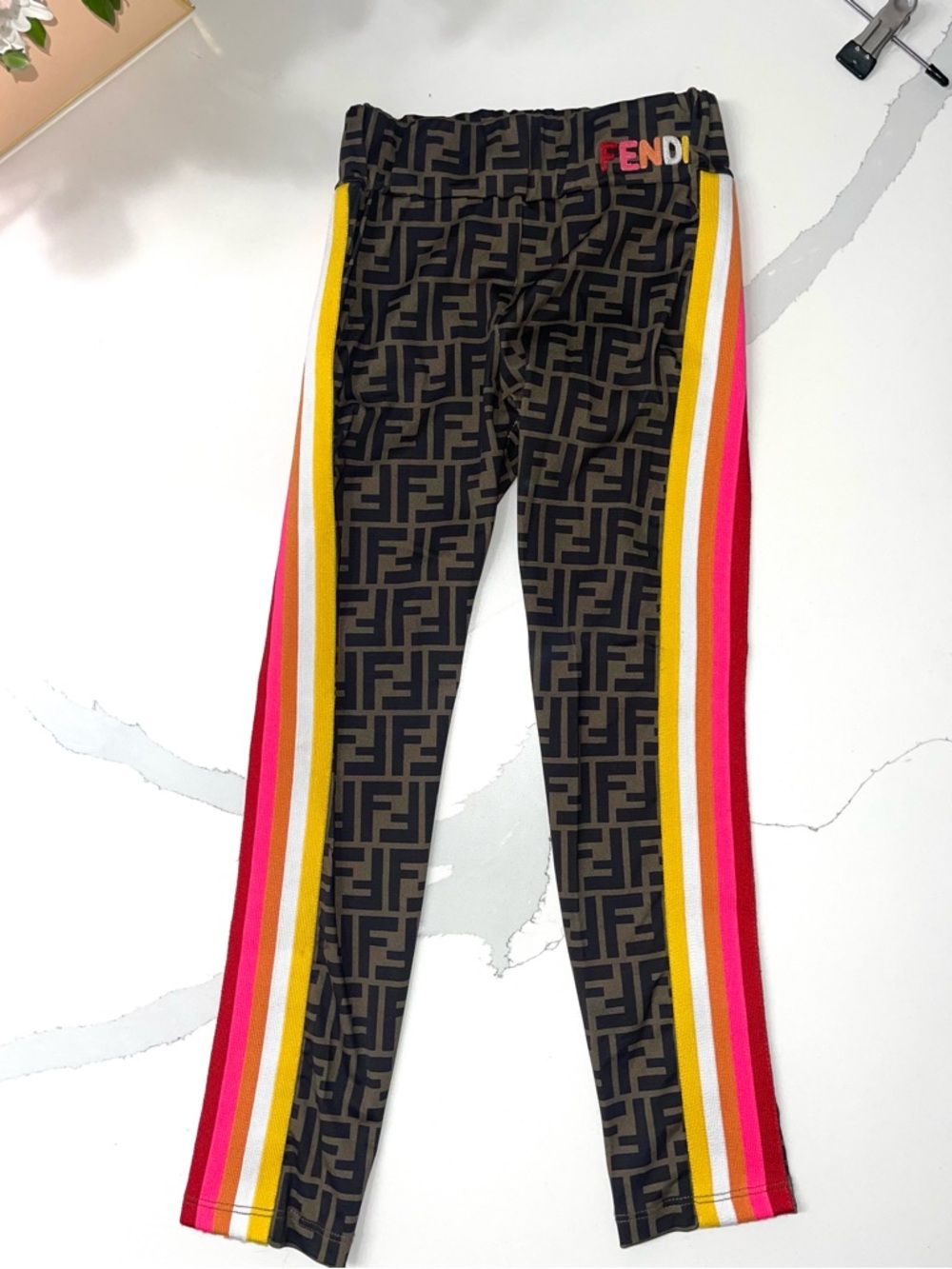 Fendi Kids FF Logo Leggings with Pink & Yellow Side Stripes